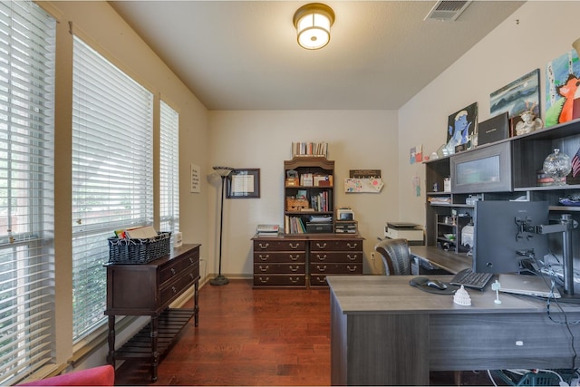 office featuring plenty of natural light and dark hardwood / wood-style flooring