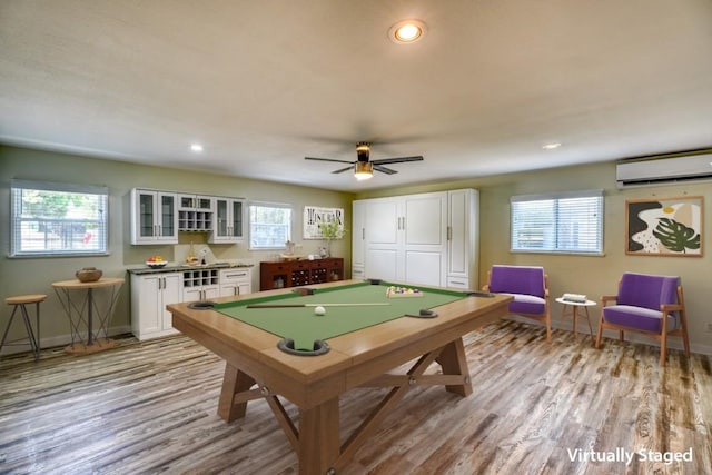 614 E Briarway Dr, Granite Shoals, TX 78654 - recreation room with a wall mounted AC, billiards, light wood-style floors, recessed lighting, and ceiling fan
