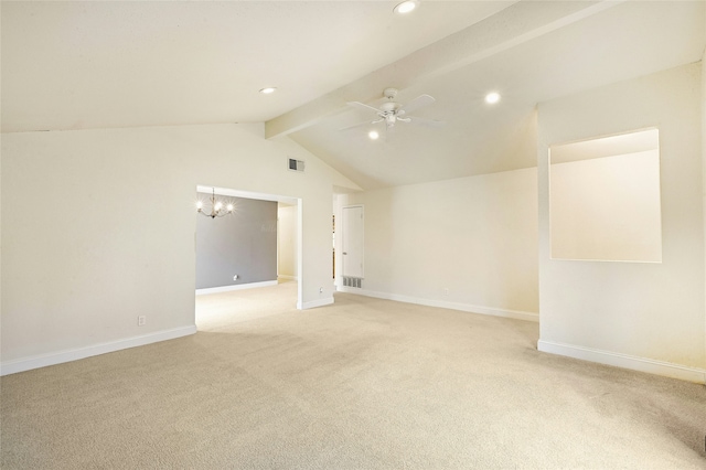 carpeted empty room featuring ceiling fan with notable chandelier and lofted ceiling with beams