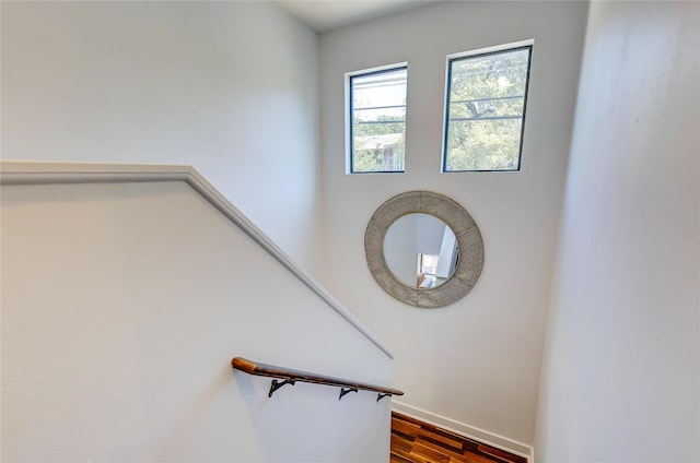 staircase with wood-type flooring