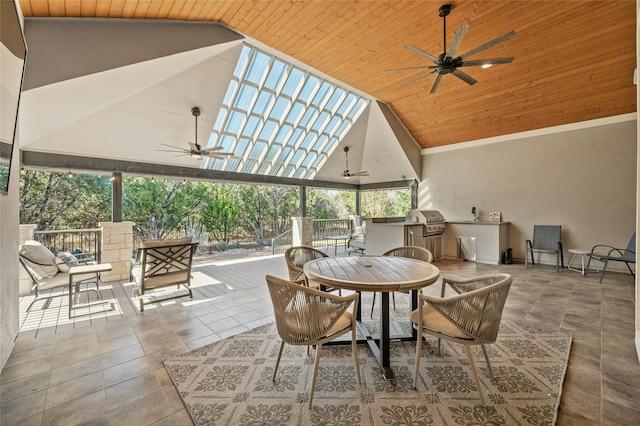 sunroom with lofted ceiling, wooden ceiling, a wealth of natural light, and ceiling fan