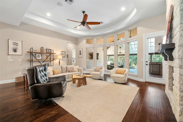 916 Morning Moon Cir, Austin, TX 78732 - living area with a raised ceiling, ceiling fan, dark wood-style floors, and recessed lighting