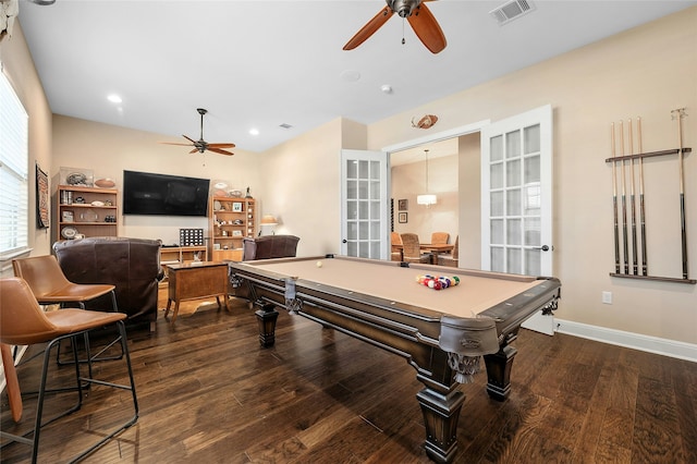 rec room with ceiling fan, french doors, and hardwood / wood-style floors