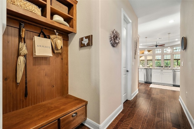 916 Morning Moon Cir, Austin, TX 78732 - mudroom featuring dark wood finished floors, ceiling fan, and recessed lighting