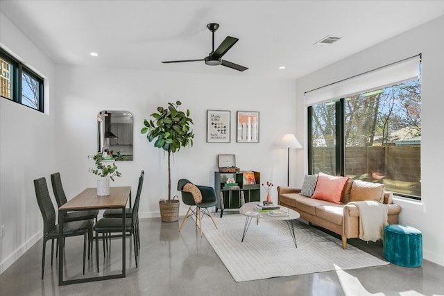 612 Irma Dr Unit 2, Austin, TX 78752 - living area with finished concrete flooring, baseboards, recessed lighting, and a ceiling fan