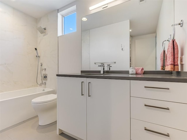 bathroom featuring shower / bath combination, visible vents, toilet, vanity, and recessed lighting