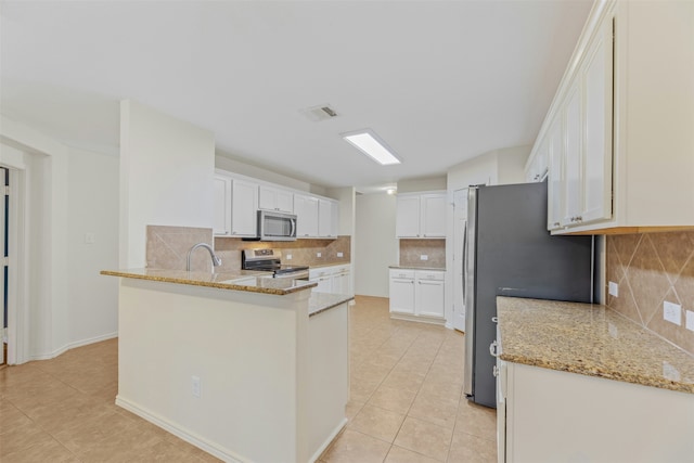 kitchen featuring white cabinets, backsplash, kitchen peninsula, and appliances with stainless steel finishes