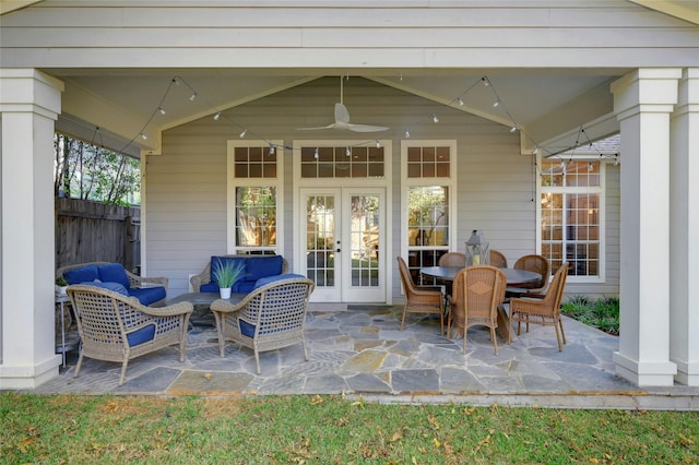 view of patio / terrace featuring ceiling fan, outdoor lounge area, and french doors