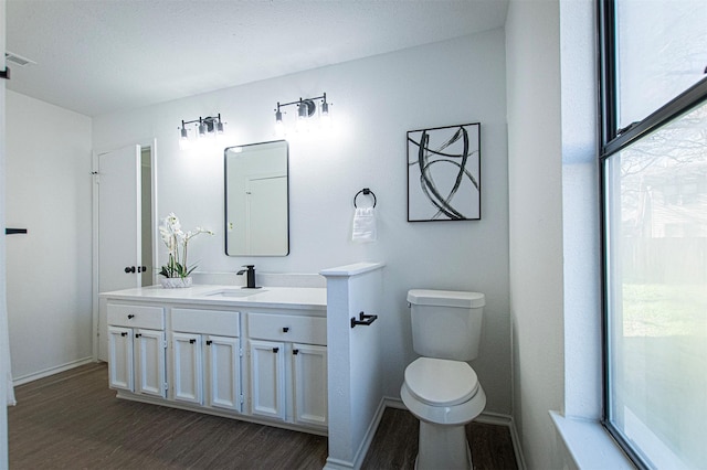 bathroom featuring wood-type flooring, toilet, and vanity