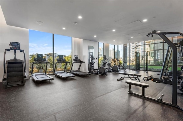 gym with plenty of natural light and floor to ceiling windows