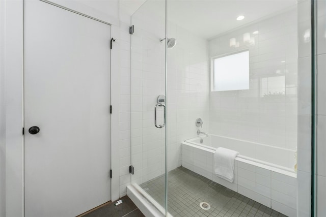 bathroom featuring tile patterned floors and plus walk in shower