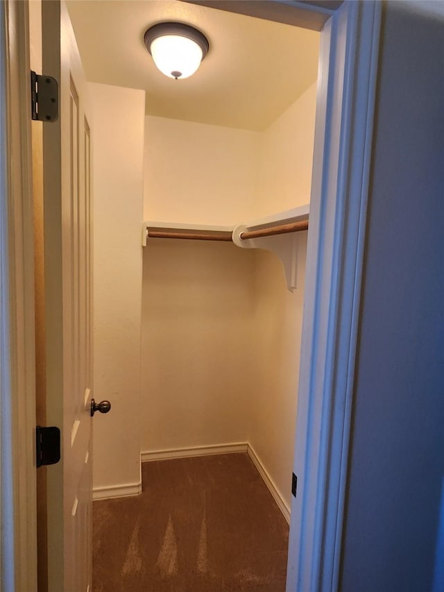 walk in closet with dark carpet