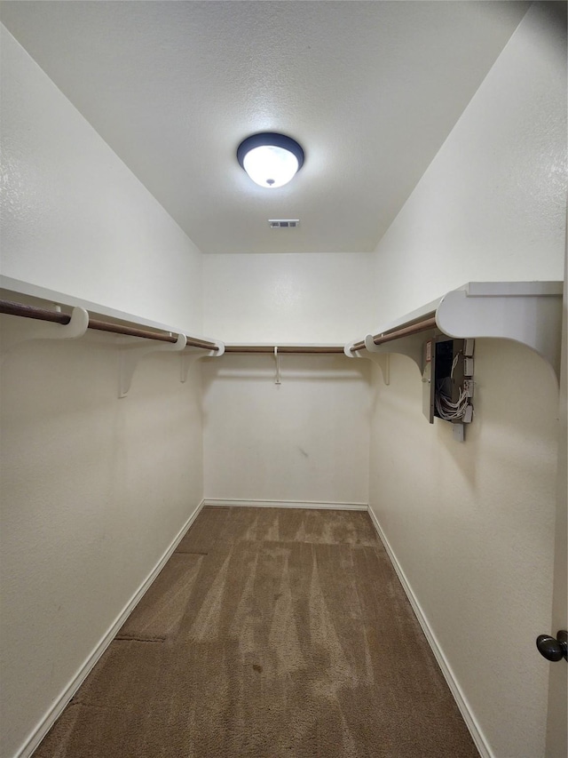 walk in closet with dark carpet