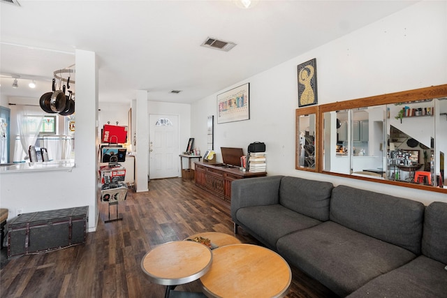 living room with dark hardwood / wood-style floors