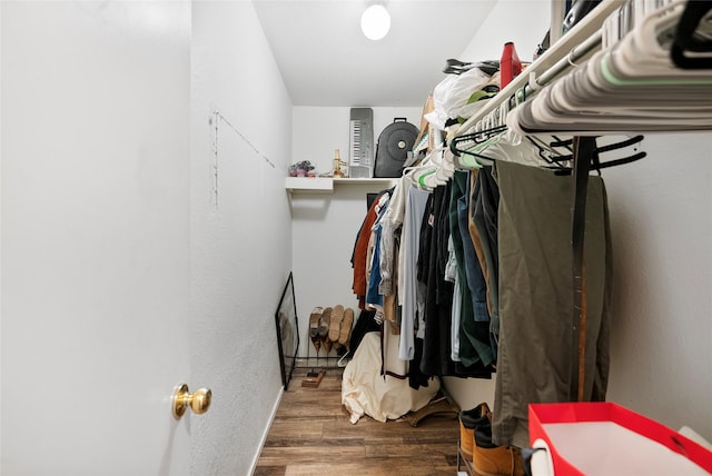 spacious closet with dark hardwood / wood-style flooring