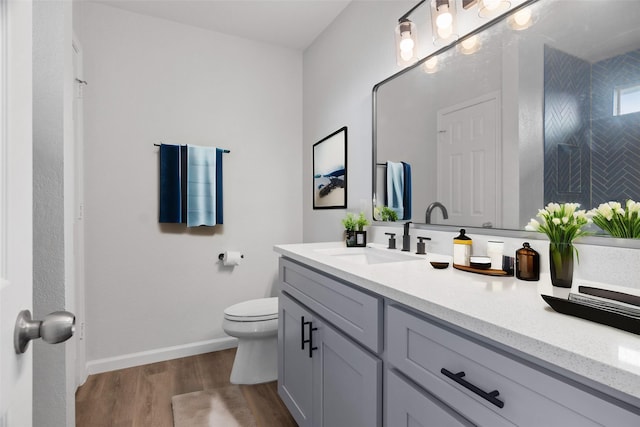 bathroom with hardwood / wood-style flooring, toilet, and vanity