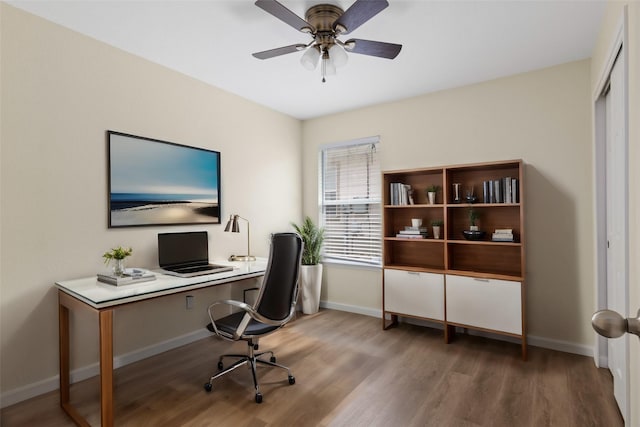 home office with hardwood / wood-style floors and ceiling fan