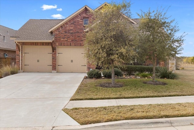 view of front of property with a garage and a front lawn