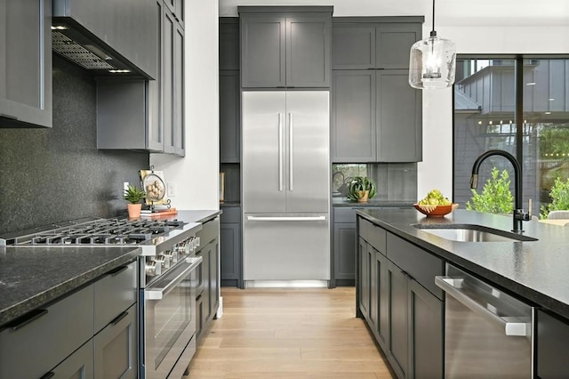 kitchen with wall chimney exhaust hood, decorative light fixtures, high end appliances, decorative backsplash, and sink