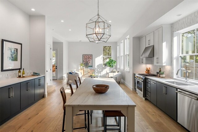 kitchen with a notable chandelier, a sink, light wood-type flooring, under cabinet range hood, and stainless steel appliances