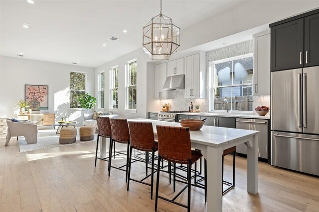 kitchen with high end appliances, light wood-style floors, backsplash, and under cabinet range hood