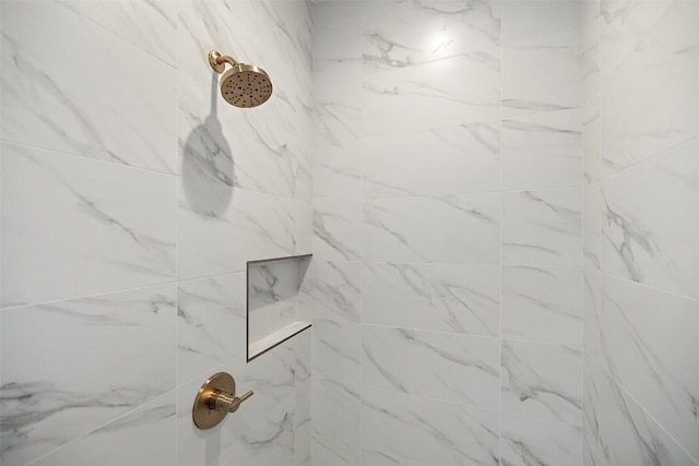 interior details featuring a tile shower
