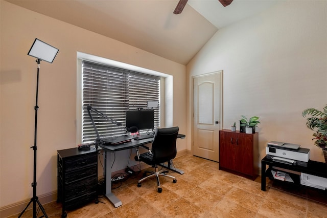 office space featuring ceiling fan and lofted ceiling