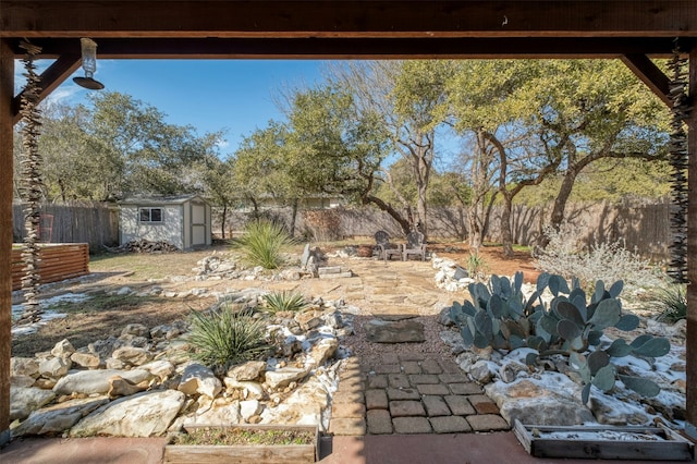 view of yard with a storage shed