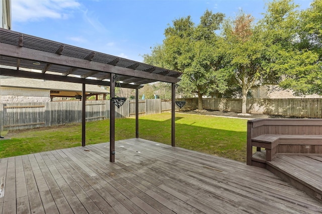 deck with a yard and a pergola