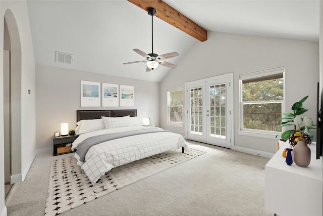 carpeted bedroom with vaulted ceiling with beams, access to exterior, ceiling fan, and french doors