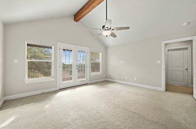 unfurnished living room featuring vaulted ceiling with beams, light colored carpet, french doors, and ceiling fan