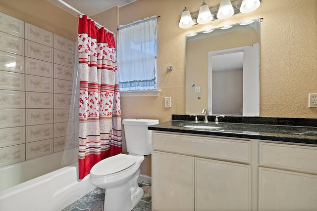 full bathroom featuring toilet, vanity, and shower / bath combination with curtain