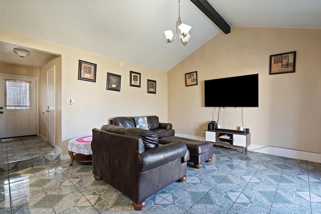 living room with a notable chandelier and lofted ceiling with beams