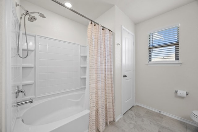 bathroom featuring toilet and shower / bathtub combination with curtain