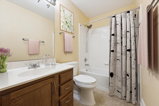 full bathroom featuring vanity, toilet, shower / tub combo with curtain, and tile patterned flooring