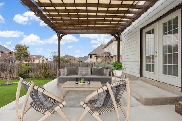 view of patio / terrace featuring an outdoor hangout area, a pergola, and french doors