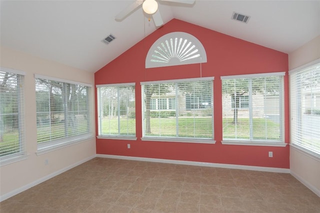 unfurnished sunroom with lofted ceiling and ceiling fan