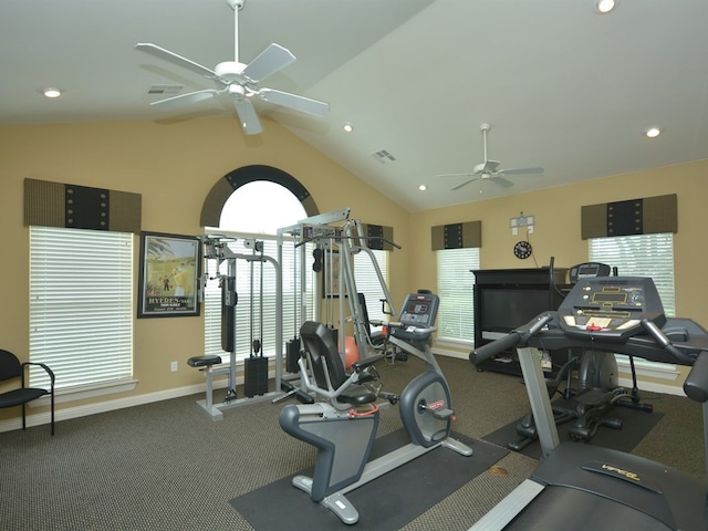 gym with lofted ceiling and ceiling fan