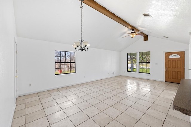 interior space with ceiling fan with notable chandelier, vaulted ceiling with beams, and light tile patterned flooring