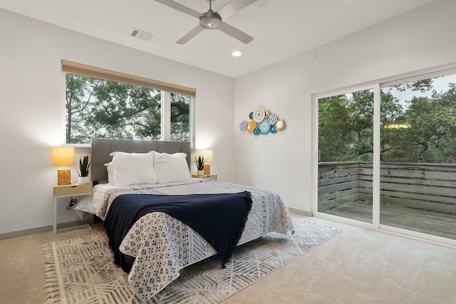 bedroom featuring ceiling fan, carpet floors, and access to outside