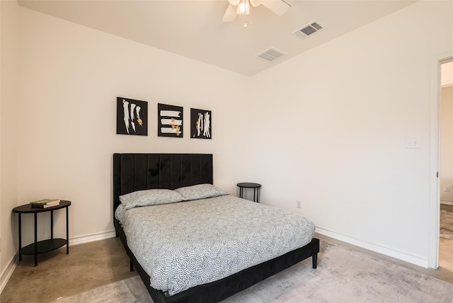 bedroom with concrete floors and ceiling fan