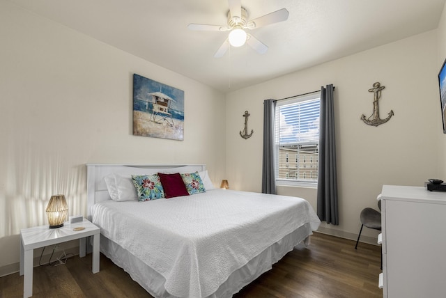 bedroom featuring ceiling fan and dark hardwood / wood-style flooring