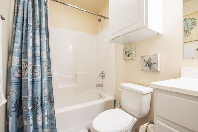 full bathroom with vanity, toilet, and shower / bathtub combination with curtain