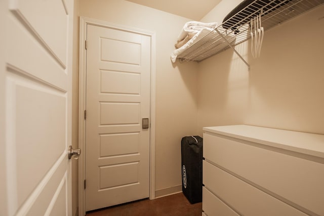 spacious closet with dark colored carpet