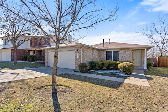 ranch-style home featuring a garage and a front lawn