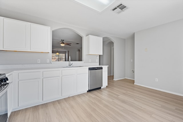 kitchen featuring white cabinetry, dishwasher, sink, and ceiling fan