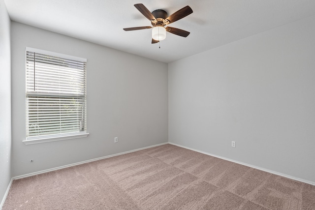 unfurnished room with ceiling fan and carpet