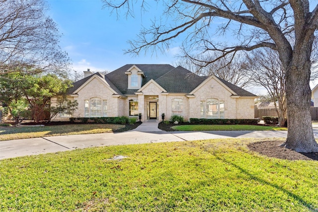 french country inspired facade with a front lawn