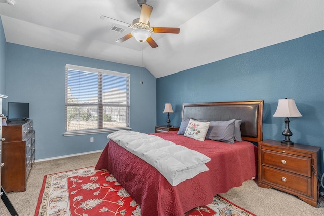 carpeted bedroom featuring ceiling fan and lofted ceiling