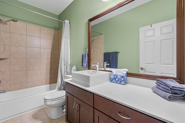 full bathroom with shower / bath combo, toilet, tile patterned floors, and vanity